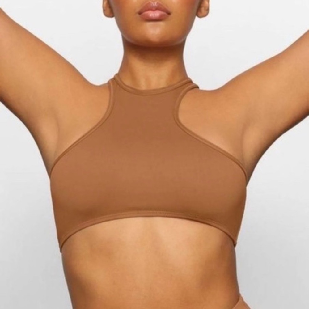Skims Swim High Neck Racerback top in Almond NWT